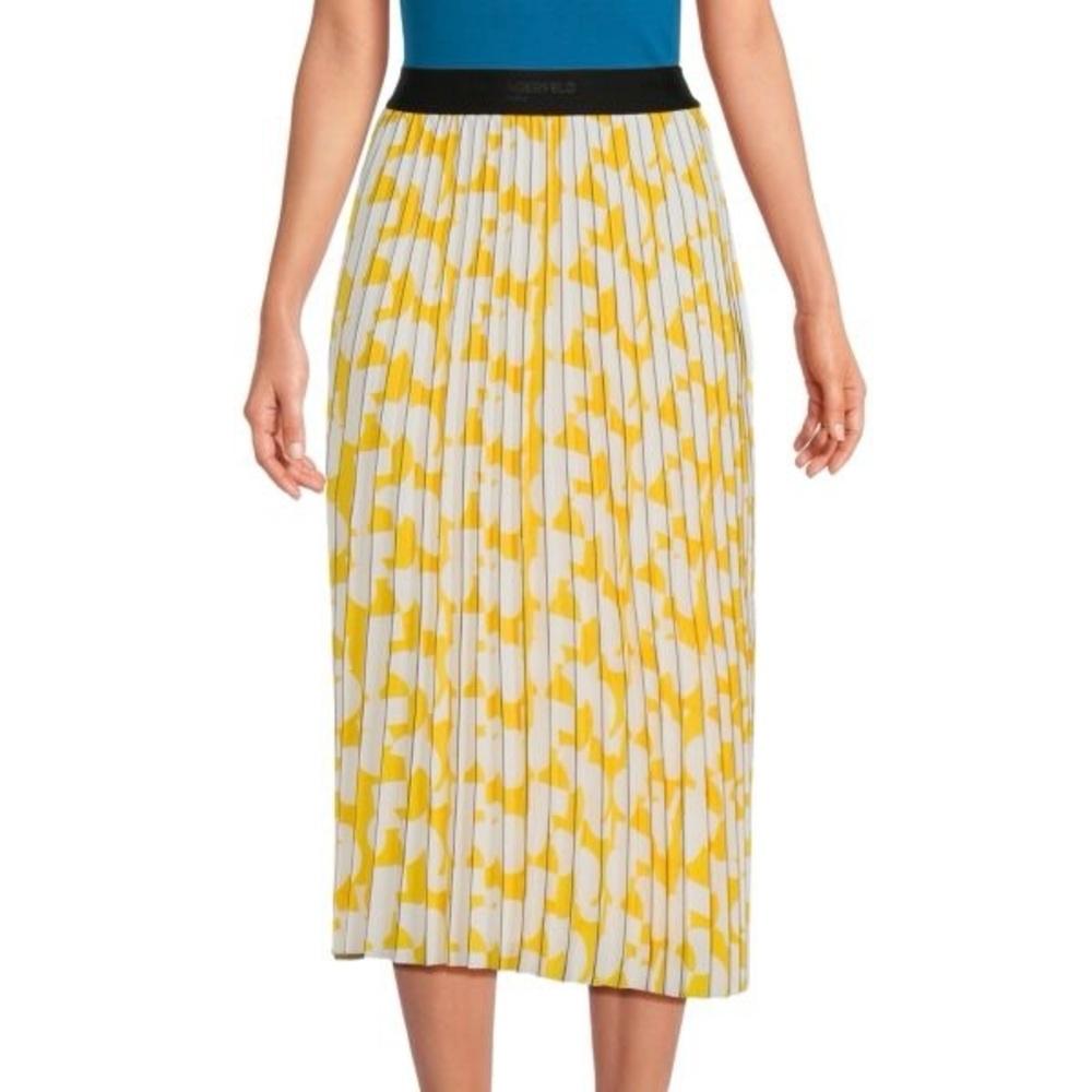 NWT Karl Lagerfeld Patterned High Waisted Pleated Midi Skirt - Yellow, Size S